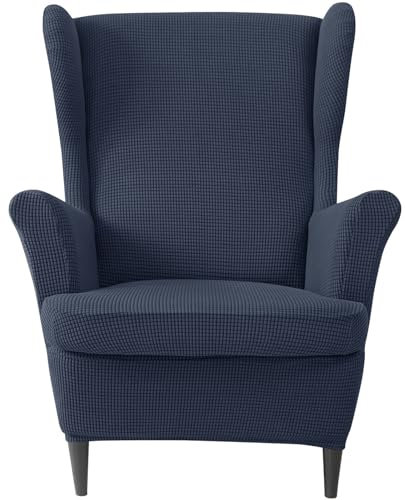 CLGTY Kariert Ohrensessel Überzug, 2 Stück Stretch Sesselhusse Spandex Sesselbezug Abnehmbar Sofahusse Mit Elastischem Boden Für Wohnzimmer Flügelstuhl-Navy blau-2 Stück
