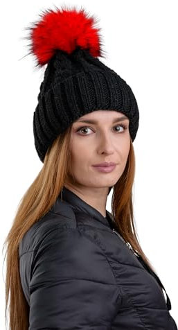Birendy Beanie PB Mütze, Pudelmütze, Wintermütze mit großer Fellbommel aus Fellimitat, Strickmütze mit hochwertigen Strick (Schwarz Mit Roter Bommel 177)