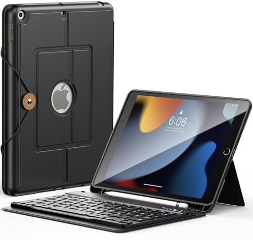INFILAND iPad 9. Generation Hülle Mit Tastatur, Für 8. / 7. Generation 10.2 Zoll Modell, Handschlaufe & Faltbare Ständer, Abnehmbare Magnetische Bluetooth Tastatur, Schwarz