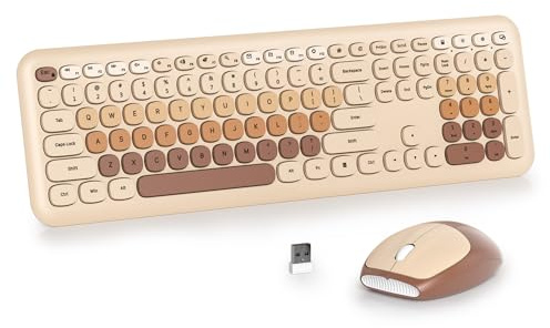 SOLIDEE Färgglatt Trådlöst Tangentbord och Mus Combo Set,2.4GHz Retro Skrivmaskinstangentbord,104 Tangenter Full Storlek med Numeriskt Tangentbord,Tyst Membrantangentbord(US Layout QWERTY)(Coffee)