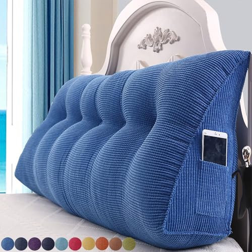 Bettkissen Rückenlehne 200cm Blau, Rückenkissen Bett Rückenpolster für die Wand, Groß Keil Kopfteil Kissen, Cord Rückenstützkissen Lendenkissen mit Seitentasche, Waschbar Dreieckige Keilkissen