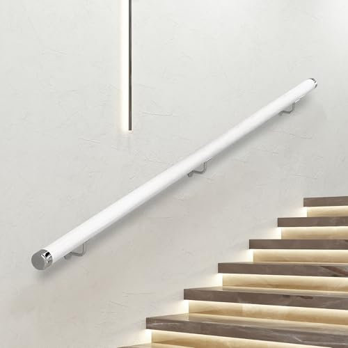 Wooden Staircase Handrail, Safe Indoor Wall Mounted Stairs Handrail, White Round Solid Wood Armrest with Stainless Steel Bracket, Suitable for Home Hospital Barrier Free Handrails (A, 80CM)
