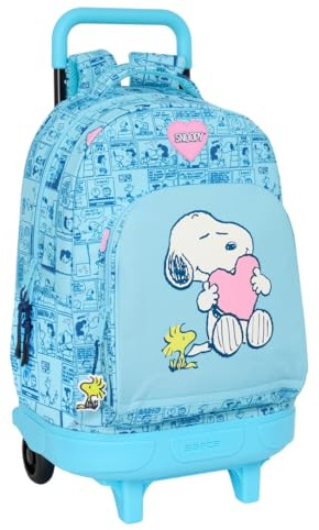 Snoopy Love Großer Rucksack mit Rädern, kompakt, abnehmbar, ideal für Kinder verschiedener Altersgruppen, bequem und vielseitig, Qualität und Widerstandsfähigkeit, 33 x 22 x 45 cm, hellblau, M, Lässig