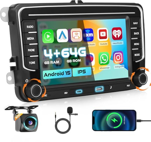 Hikity [4+64GB] Android 15 Radio Coche, para VW Golf 5 6 Passat Polo Tiguan Touran Caddy Skoda Radio, CarPlay Android Auto Inalámbrico, Pantalla Táctil 7, GPS/WiFi/Mirror Link/Bluetooth/DSP