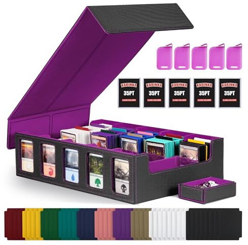 Kabinka Trading Card Storage Box with Commander Display, 5-Row Deck Case with Removable Lid; 3900+ Card Deck Box for MTG TCG Sports Card, 5 Top Loaders, 5 Stoppers, 48 Dividers,1 Dice Tray