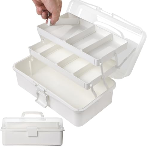 Sampoes 3-Regal Mehrzweck-Aufbewahrungsbox, 33 cm Einstellbare Sortierbox, Bastelkoffer, Nähkasten, Medizinkoffer, Organizer Box mit 2 Regalen für Bastel Make-up (Weiß)