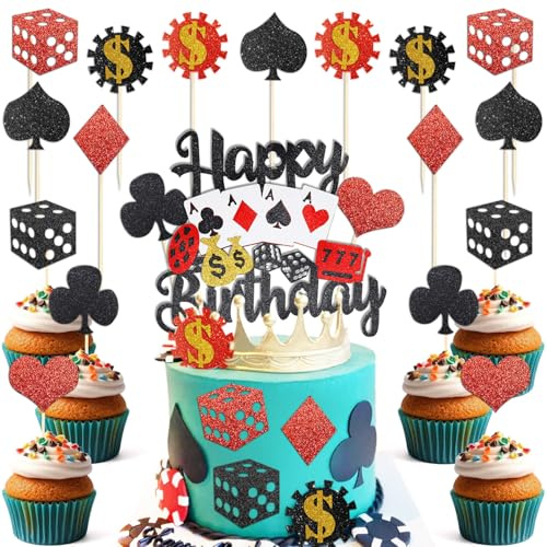 Huaxintoys Tortendekoration Casino, 25 Stück Pokerspiel Deko Geburtstag Set, Cake Topper Chips, Würfel Geburtstag Deko, Poker Party Kuchen Dekoration, Casino Party Geburtstags Dekoration