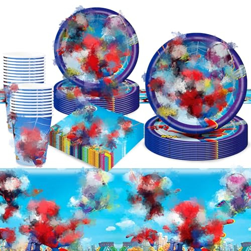 81Pcs Birthday Decorations, Spider Party Decorations Kids' Party Tableware Set, Birthday Party Plates Cups and Napkins Tablecloth 20 Guests