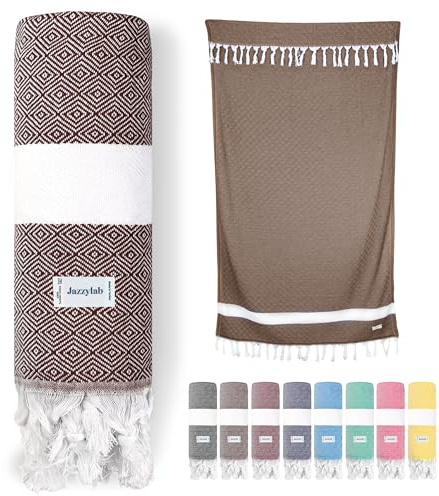 jazzylab ELMAS Peshtemal Hammam | Telo turco in puro cotone con motivo a quadri classico | Leggero, assorbente e compatto | Ideale per spiaggia, bagno, spa o viaggio | 90x180 cm - Marrone