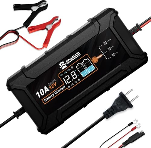 DCHOUSE Car Battery Charger 10A 12V Smart LiFePO4 LCD Display Lithium Battery Charger for Truck Motorcycle Lawn Mower Boat Marine