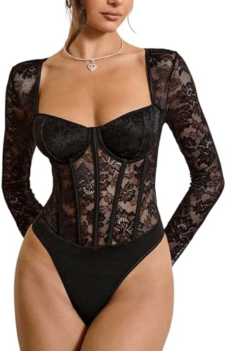 GORGLITTER Body de encaje para mujer, de manga larga, con encaje, elegante, de manga larga, transparente, corsé, Negro , XS