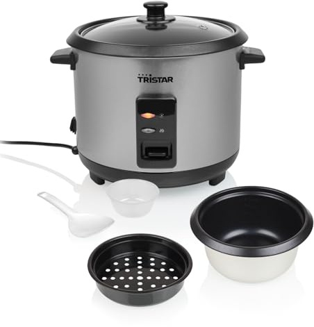Tristar Olla Arrocera, 1,5 L de Capacidad, Carcasa de Acero Inoxidable, Bandeja de Vapor, Apagado Automático, Función Mantener Caliente, 500 W, RK-6145