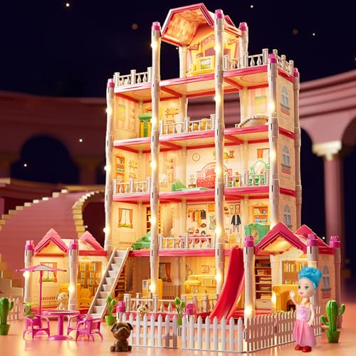 1 Ensemble de Maison de poupée Luxe 5 étages et 14 Chambres pour Filles, château Princesse à Monter soi-même avec poupée, Chiot, Meubles et Accessoires, Jouets Noël rêve pour 3 Enfant