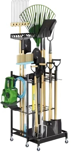 BAKENLON Garden Tool Storage Rack, 3 Tier Metal Yard Tool Organizer Rack with Wheels, Up to 35 Tools, Hold Long-Handled Tool/Rake/Broom, Garden Tool Holder for Garden, Patios, Workshop, Garage, Shed