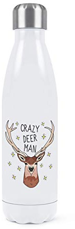 Verrückte Hirsch Mann Doppelwand Wasserflasche Isoliert Edelstahl Sports Getränke 500ml Weiß