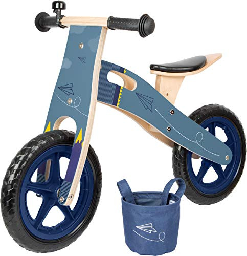 Small foot 11614 Biciclettina Blu Aereo di carta, in legno, i con sedile regolabile e pneumatici gommati