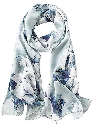100% Mulberry Silk Long Scarf for Women Large Oblong Sunscreen Shawls Wraps Neck Headscarf Hair Wraps with Gift Packed (Light Blue Peony)