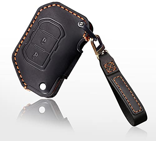 HIBEYO Autoschlüssel Hülle passt für Jeep Leder Schutzhülle Schlüsselbox Schlüsselhülle für Jeep Wrangler JL 2018-2022,Gladiator JT 2020-2022 Klappschlüssel mit Schlüsselanhänger-3Tasten Schwarz