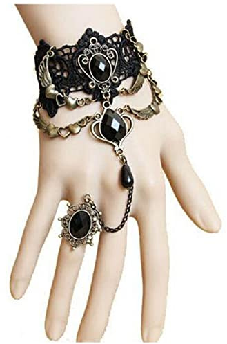 Allereya Bracciale in Pizzo Punk ad Anello con Cristallo Nero a Goccia a Strati - Catena per Imbracatura in Pizzo Cavo per Donne e Ragazze