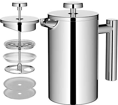 MaxMiuly Caffettiera French Press 0,65 litri, 3 tazze in acciaio inox a doppia parete, 650 ml, piccola pressa francese, argento