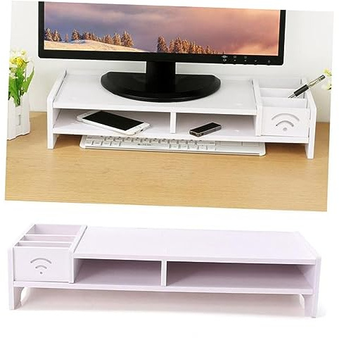 Mikikit Supporto per Monitor in Legno Bianco con Doppio Ripiano, Organizzatore da Scrivania per Espandere Spazio e Riporre Fax, TV e Accessori