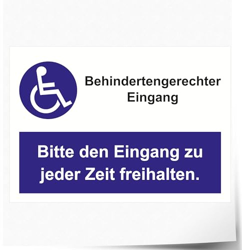 Indigos UG - Schild Behindertengerechter Eingang - freihalten - 297x210 mm - Hotel, Firma, Schutz, Kita, Arzt, Praxis - Sicherheit - Warnung - Aluverbundplatte 3mm, Wohnung - Hinweisschild