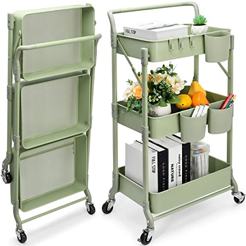 Shrivee Foldable 3 Tier Metal Utility Rolling Cart, Folding Mobile Multi-Function Storage Trolley Organizer Cart for Home Library Office (Green)