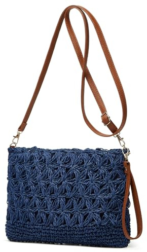 Bolsas de playa de paja para mujer, bolsos de ratán para verano, bolso de paja tejido a mano, bolso de mano de rafia, bolso de hombro, bolso cruzado cuadrado, Blue, 11.0*0.8*7.9