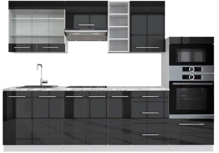 Vicco Küchenzeile Fame-Line, Anthrazit Hochglanz/Weiß, 280 cm | 9 Module · Höhenverstellbare Füße · AP Marmor inkl. · MDF-Fronten · Softclose · Metallgriffe