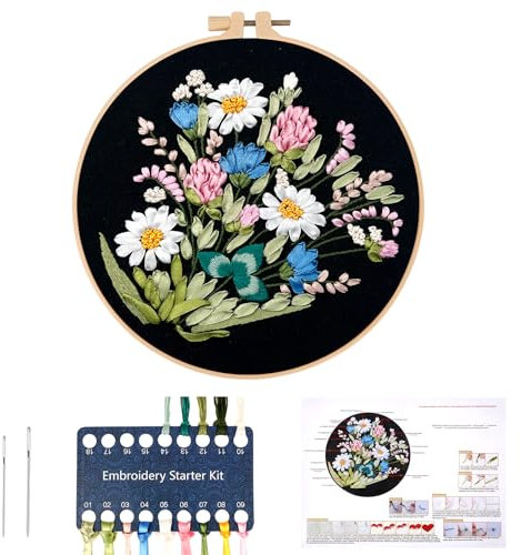 JSRQT Kit da ricamo con nastro 3D per principianti, kit per punto croce con fiore stampato, kit per ricamo ad ago per adulti e bambini, kit fai da te per ricamo fatto a mano con ago e fili