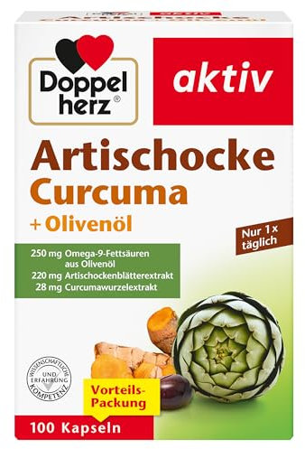 Doppelherz Artischocke + Olivenöl + Curcuma - Pflanzliches Nahrungsergänzungsmittel mit Artischocken- & Kurkuma-Extrakt sowie Omega 9-Fettsäuren - 100 Kapseln