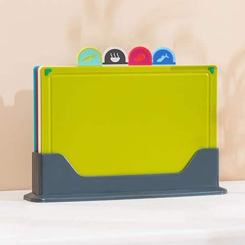 Chopping Board Set of 4, (UK Company) Versatile Chopping Boards for Kitchens, Thicken Cutting Board Set with Food Icons, Storage Rack and Drip Juice Groove