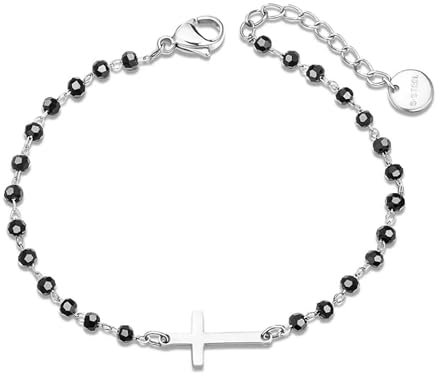 Bracelet croix et perle acier inoxydable et résine argent/noir pour femme fait main cadeau anniversaire, noel, fête des mères
