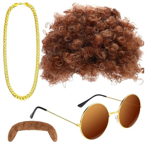 4 PCS Hippie Kostüm Set,Afro Perücke Hippie Perücke Männer,Disco Hippie Kostüm 70er 80er Jahre Hippie Fancy Dress Zubehör,Braune Perücke Sonnenbrille Halskette Falscher Bart