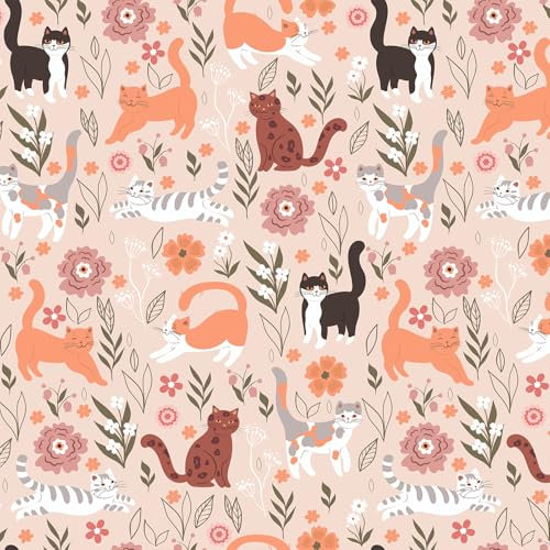 VEELIKE Carta da Parati Bambini Gattino Rosa Carta da Parati Floreale 44,5 cm x 300 cm Simpatico Gattini Fotomurale da Parete Camera da Letto Bambini Pellicola Adesiva per Mobili Bagno Rimovibile