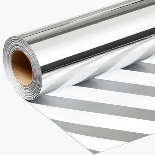 Wikadlik Metallisches Silbergeschenkpapier – einfarbig und gestreift, für Geburtstag, Jahrestag, Weihnachten, Vatertag, 43 cm x 10 m, Mini-Rolle