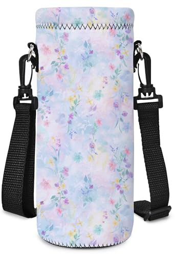 Mibbxea 750ML Wasserflasche Tragetasche,Umhängetasche für Flaschen,Neopren Flaschenkühler mit Tragegurt für Männer Frauen Reisen,Radfahren,Wandern,Fitnessstudio,Laufen,Camping (Bunte Blumen)