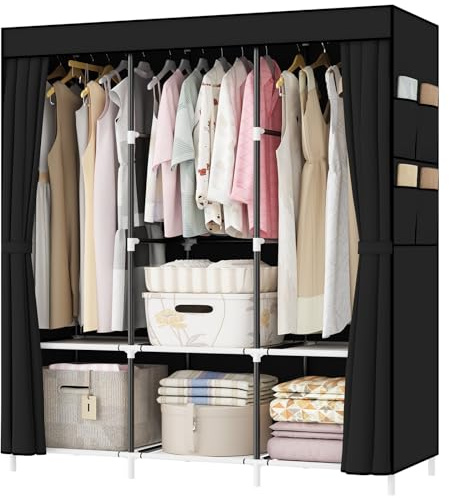 OPPAIYA Large Canvas Wardrobe 125cm Wide, Fabric Closet with 3 Hanging Rails & 8 Side Pockets, Portable Storage Cabinet for Garage, Basement & Utility Room (English Instructions,125*45*165cm, Black)