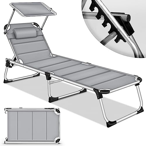 tillvex® Sonnenliege mit Dach und Kopfkissen | Gartenliege Liegestuhl klappbar | Strandliege mit Verstellbarer Rückenlehne | Aluminium Liege (Grau, Liege (mit Polster Premium))
