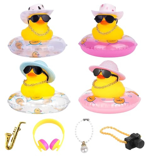 Car Rubber Ducks Decoration Set, 4 Ducks Decoration with Swim Rings and Fun Accessories, Cute Car Accessories for Dashboard, Rubber Ducks Bath Toys for Kids, Party Decor and Collectibles