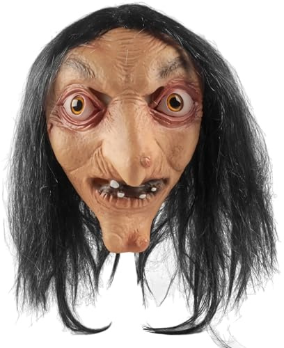 TIVUNORON Halloween Gruselige Hexenmaske, Horror Latex Hexe Maske mit Lange Haaren, Realistische Gruselig Alte Frau Hexe Maske für Halloween-Dekoration Cosplay(A)