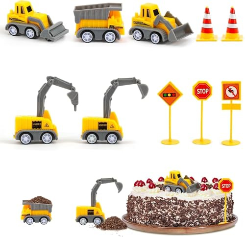 Mini Bagger, 10 Stück Bagger Tortendeko Set Mit Verkehrsschildern, Nicht essbare Kuchendekorationen, Baustellenfahrzeuge Für Kindergeburtstag, Ideal Für Jungen Und Mädchen 2-5 Jahre