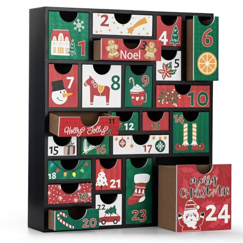 LARAINE Advent Calendar Christmas Wooden with Drawers, Christmas Holiday illustration Wood Advent Calendar for Kids Adults, Decorative 24 Empty Boxes to Fill