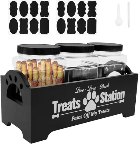 Alongen Dog Treat Container,Wood Dog Food Organizer Container with 3 Plastic Jar, Farmhouse Cat Food Container Pet Organizer for Cat, Small Animal(black)