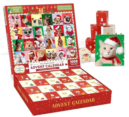 GWAWG Christmas Cat Jigsaw Puzzles 1008 Pieces Advent Jigsaw,Boxes Christmas Countdown Calendar Christmas Puzzle Gift,advent puzzle calendar 2025 toys,Advent Calendar kids adults puzzle set for Him