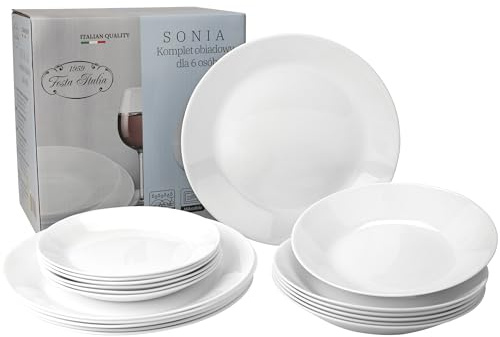 FESTA ITALIA Service Vaisselle 6 Personnes - 18 Pièces - Verre - Assiettes Service de Table - Ensemble Vaisselle de Table Moderne - Assiette et Arts de la Table - Assiettes Plates