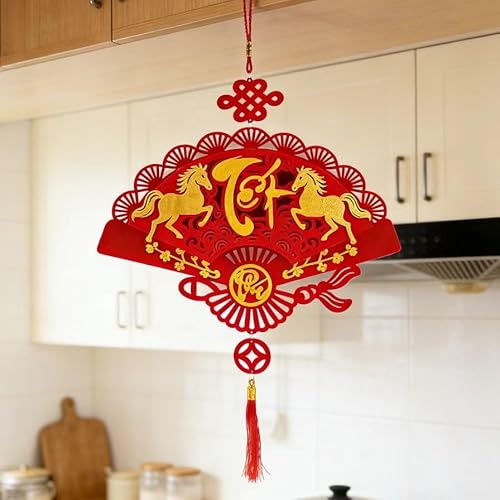 KYMY Vietnamese New Year Hanging Ornament 28.7 x 17.7 Inch, 2026 Tết Vietnam Lunar New Year Fan Decoration, Zodiac Horse Lucky Prosperity Wall & Door Decor for Home Office Store