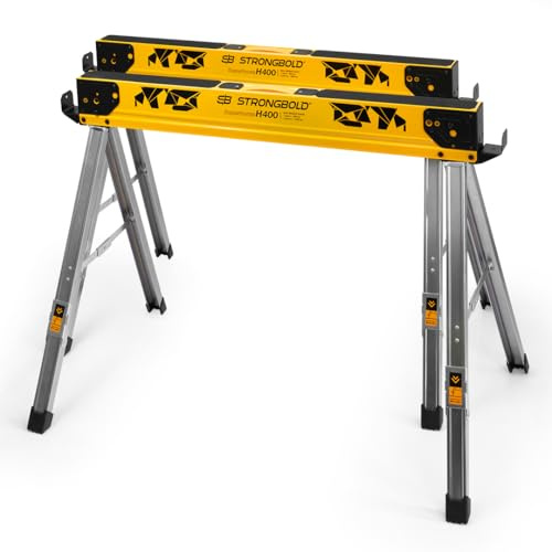 STRONGBOLD Klappbock H400 2er-Set, höhenverstellbar mit 1.000 kg Tragkraft (im Paar), langlebige multifunktionale Arbeitsböcke für Metall und Brennholz, mit Werkbankfunktion und kompaktem Design