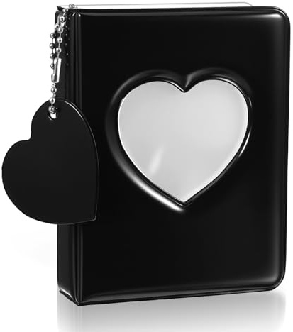 Xindojuz 4x3 Inch Photocard Holder Book, Mini Photo Album Mirror-Like Photocard Binder, Small Photo Card Book Love Heart Hollow Photos Card ID Holder with Pendant for Collection, 32 Pockets(Black)