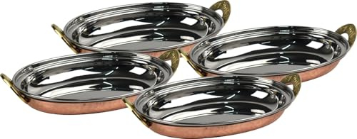 Catergold 4 Serving Dish Set Traditional Hammered Copper & Stainless Steel with Brass Handles (4X 8 Inch)